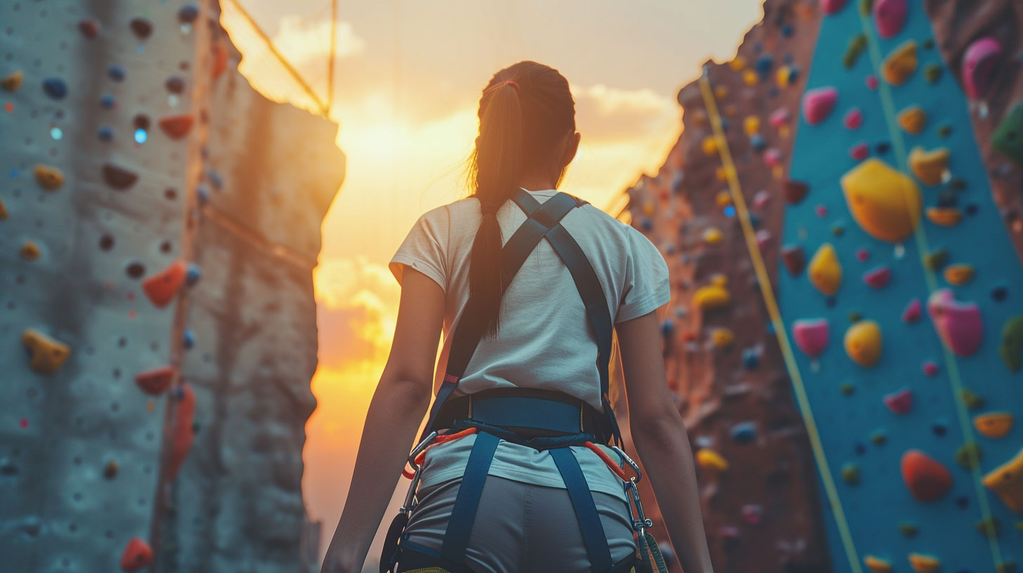 A girl adventurer gazing at the colourful rock climbing walls in the golden sunset