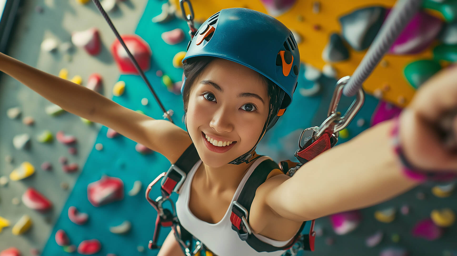 A female student athlete taking a selfie on top of a colourful rock wall