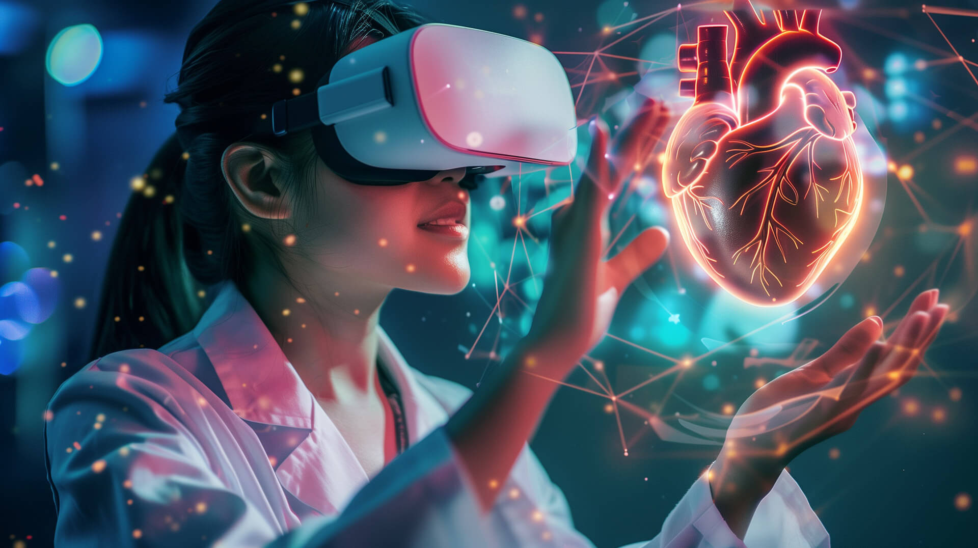 A female student scientist examining a holographic heart