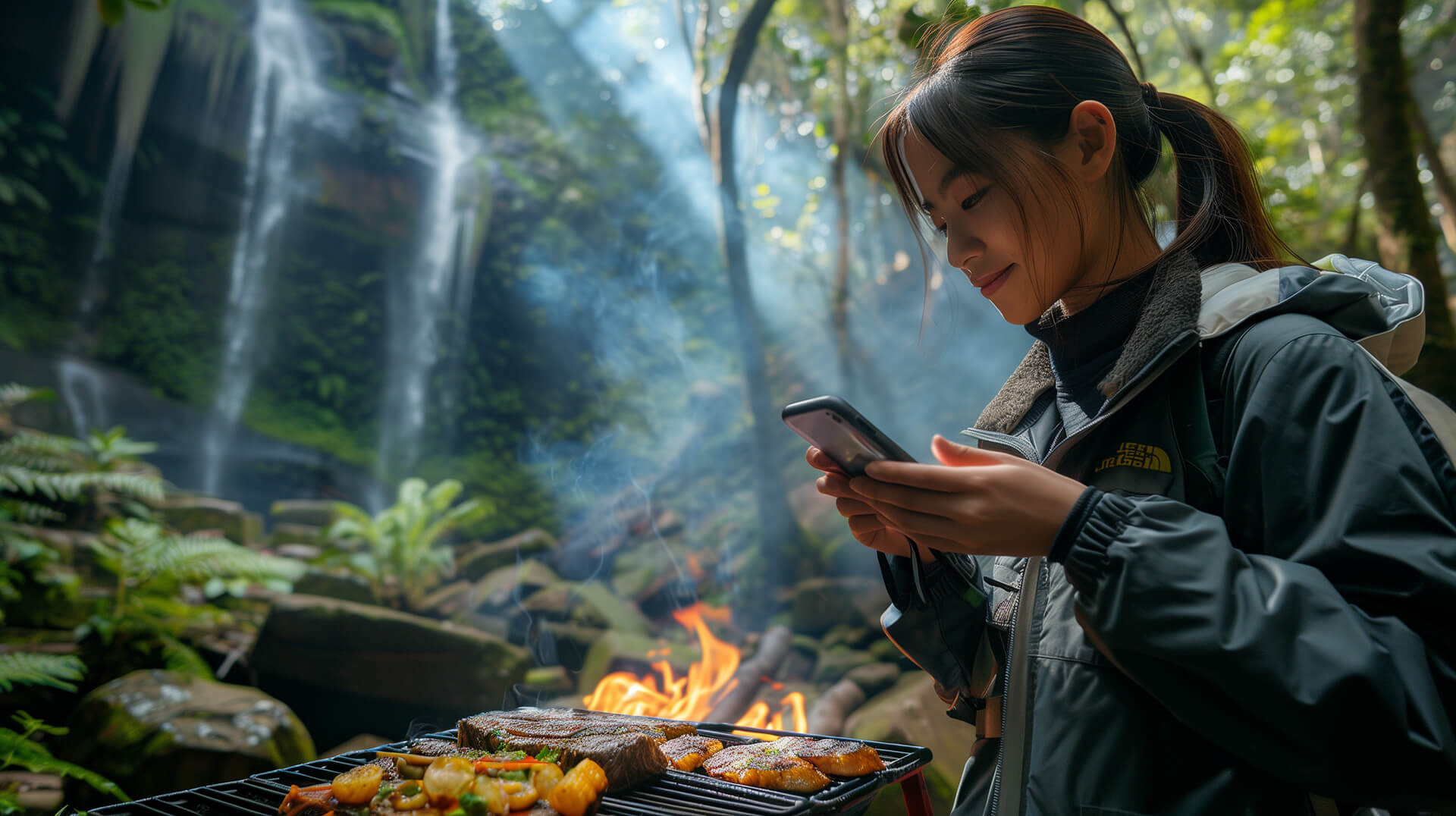 Beverley, an outdoor food blogger, taking a photograph of her outdoor cooking and sharing them with her followers