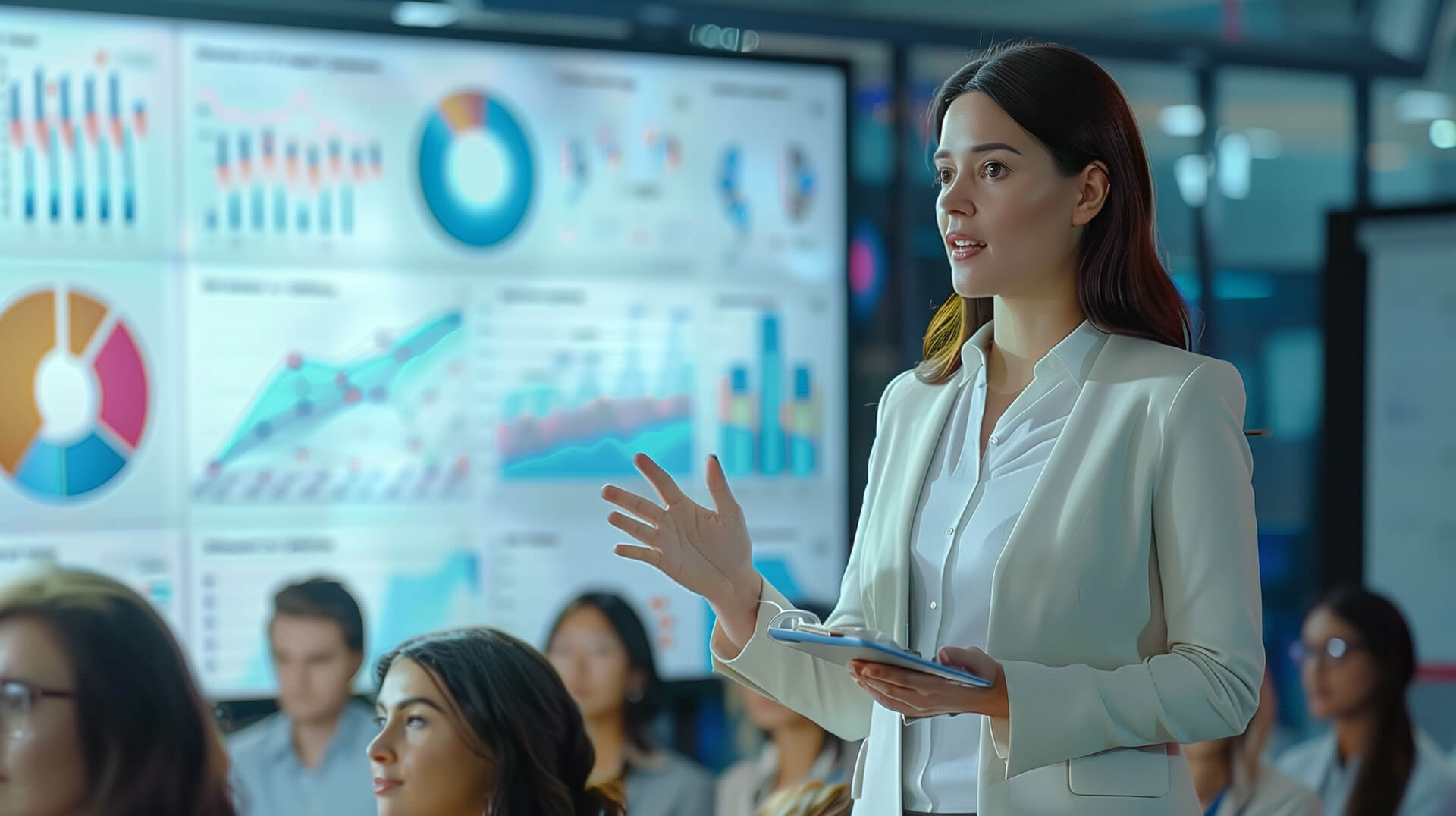 A beautiful HR professional presenting the latest insights with the analytical dashboard in the background