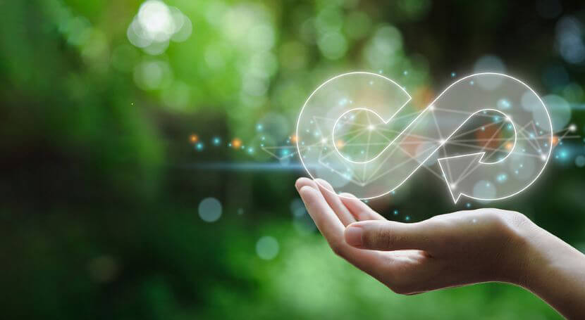A concept illustration of a closed-loop supply chain with greenery in the background