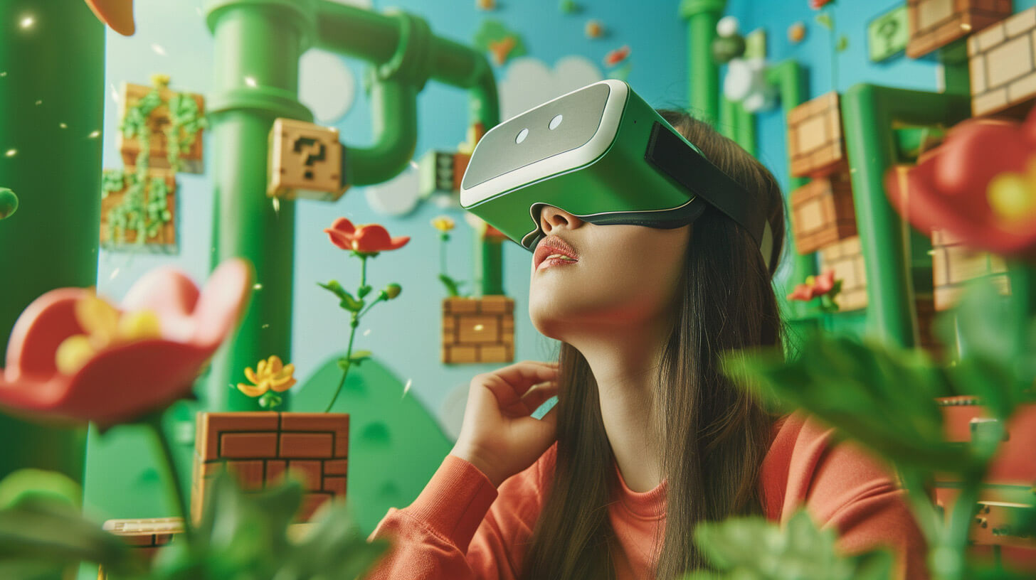 A student wearing a pair of VR goggles in an immersive 3d gaming virtual reality