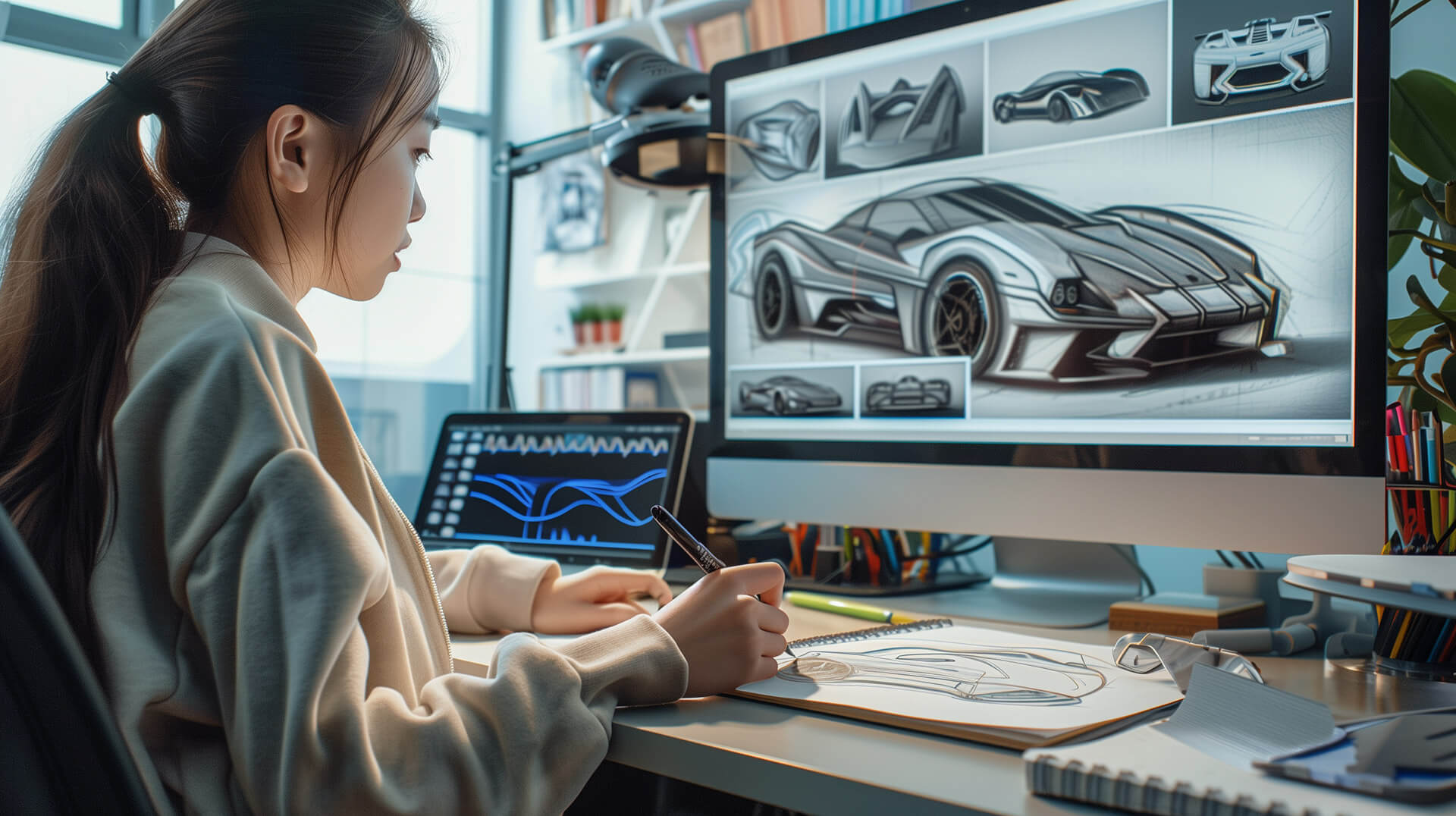 A student artist sketching a prototype of a futuristic sports car on AUTOCAD