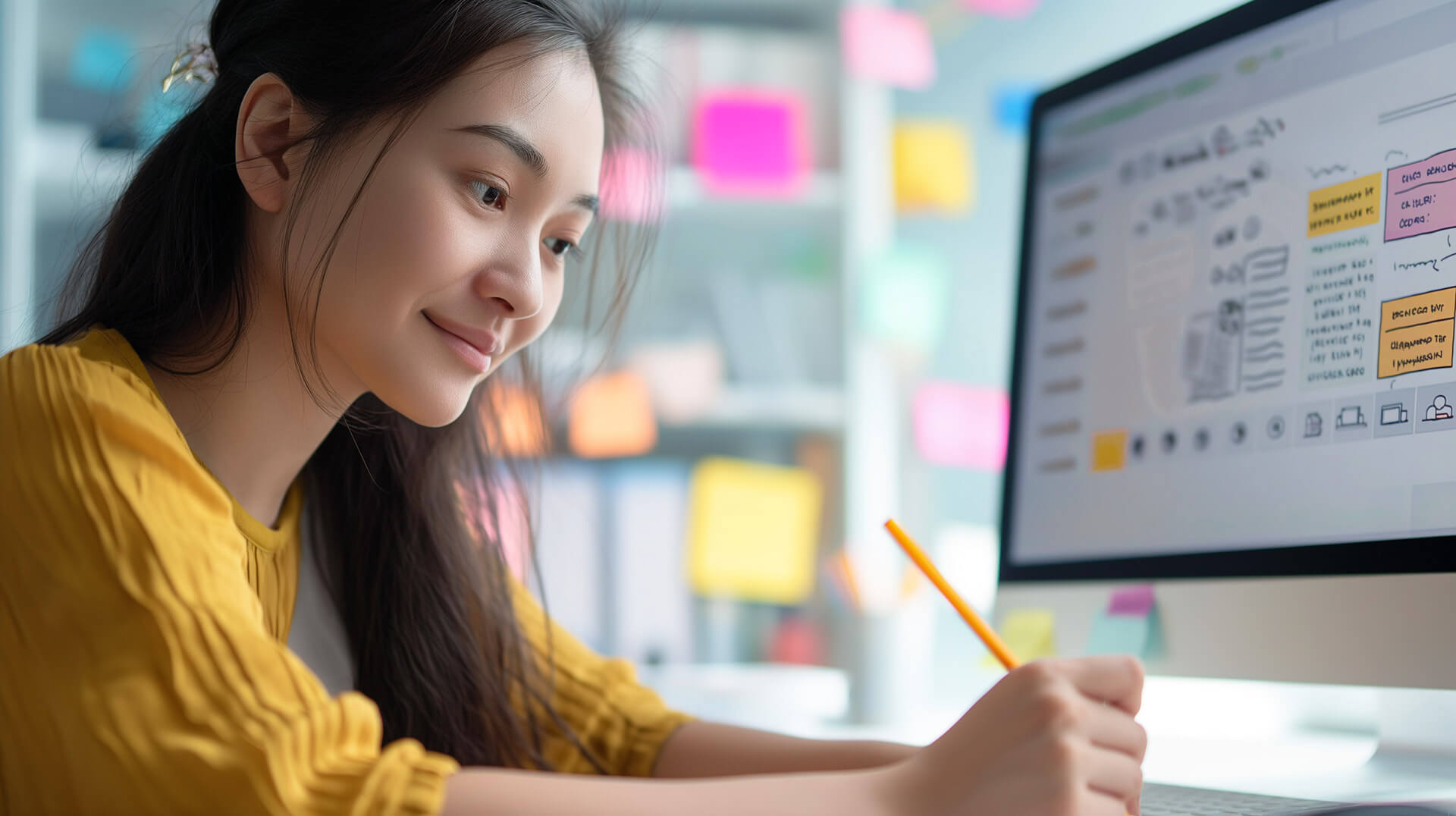 A User Experience designer sketching the screen flows and prototype of her mobile app on her computer