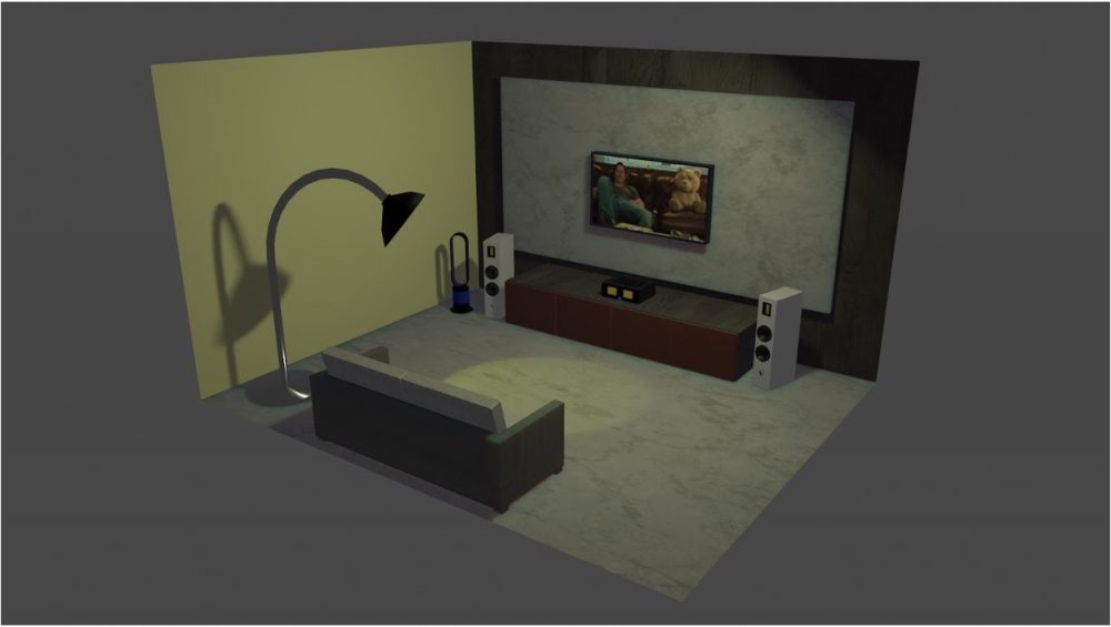 A 3D model depicting a home entertainment set-up