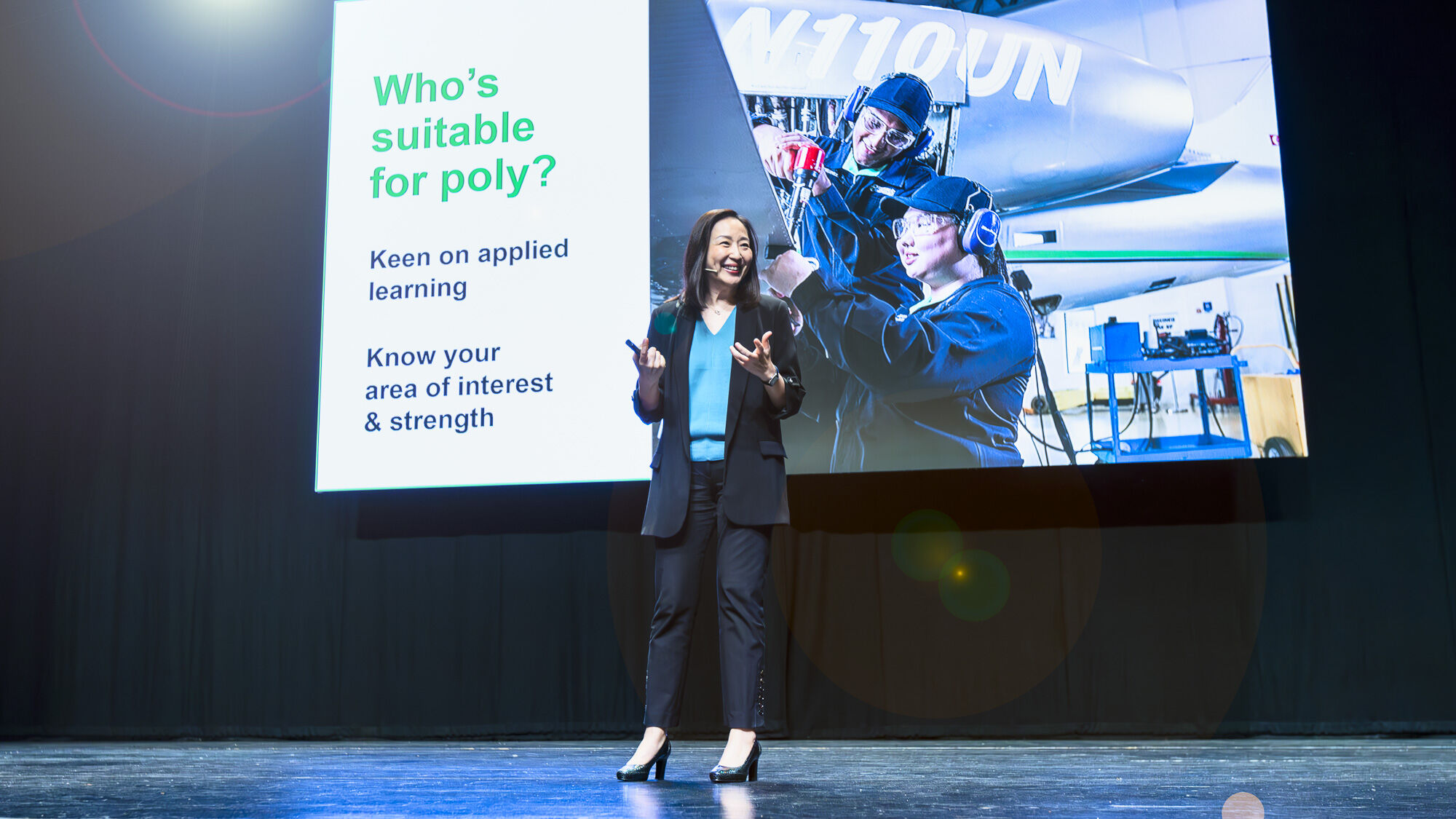 RP Principal & CEO, Ms Jeanne Liew, sharing useful insights about poly education on stage during an admissions talk