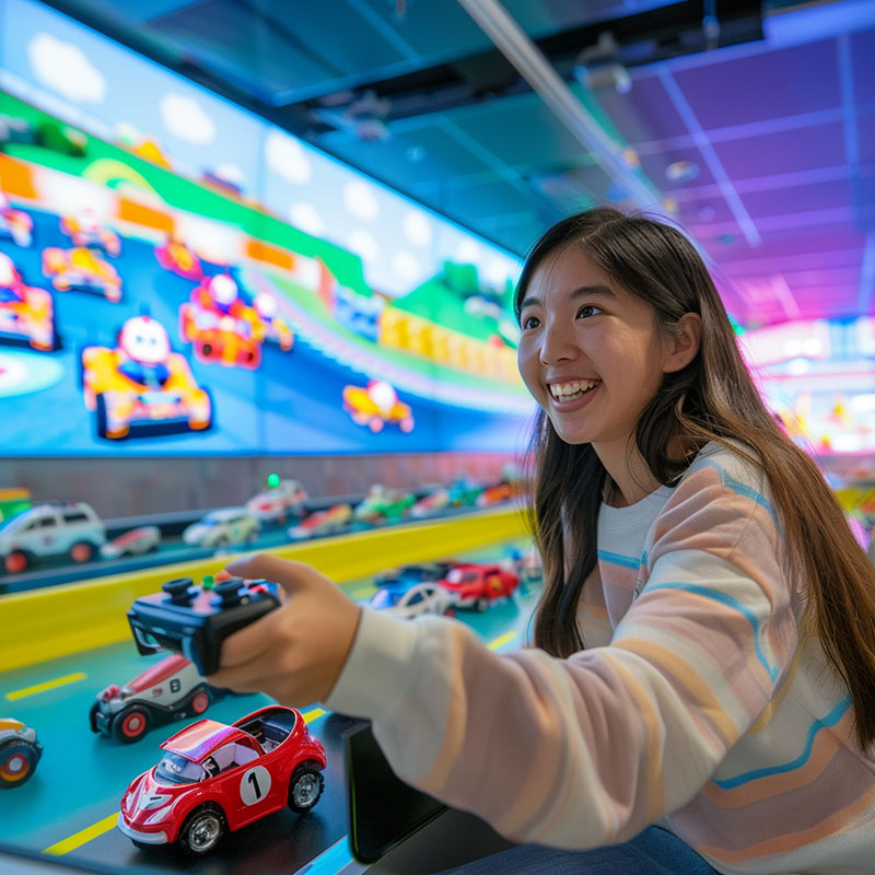 A student playing an augmented reality mario kart game with a video game controller