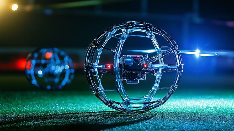 Nighttime drone soccer match on a football stadium field.