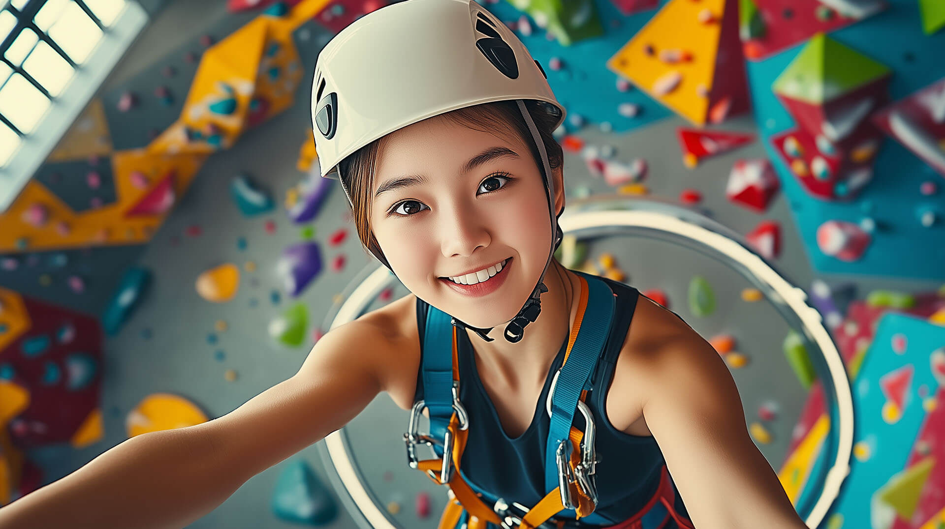 A short-haired student on a colour rock climbing wall