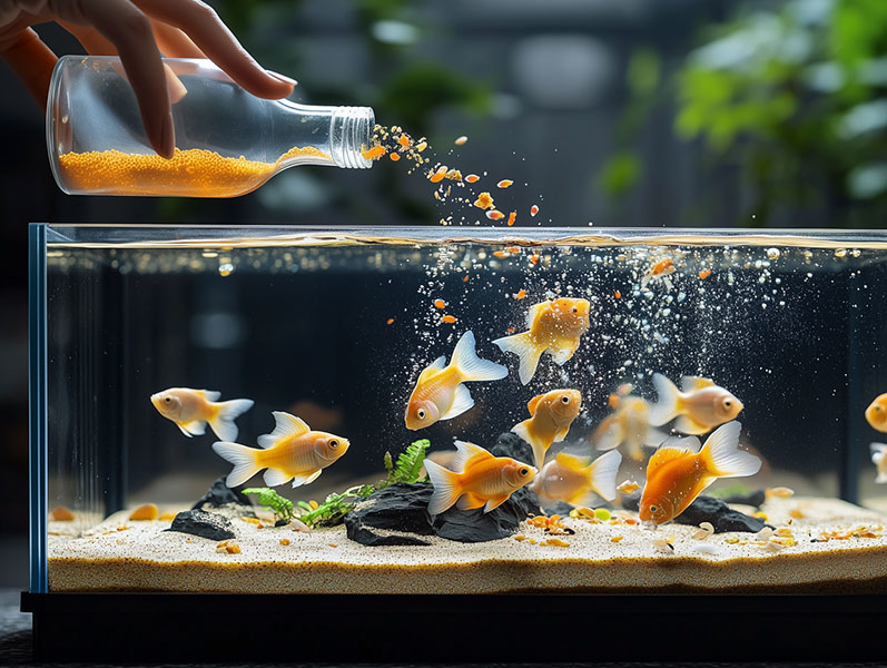 A transparent fish tank with colourful fishes and sand, a female asian hand outstretched pouring fish feed into it