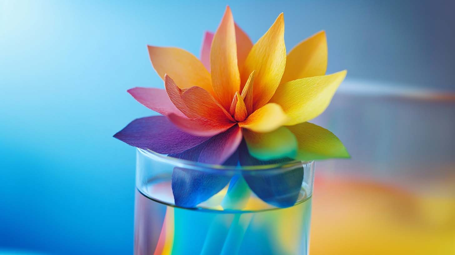 A paper flower stained with rainbow colours in a beaker as an chromatography art