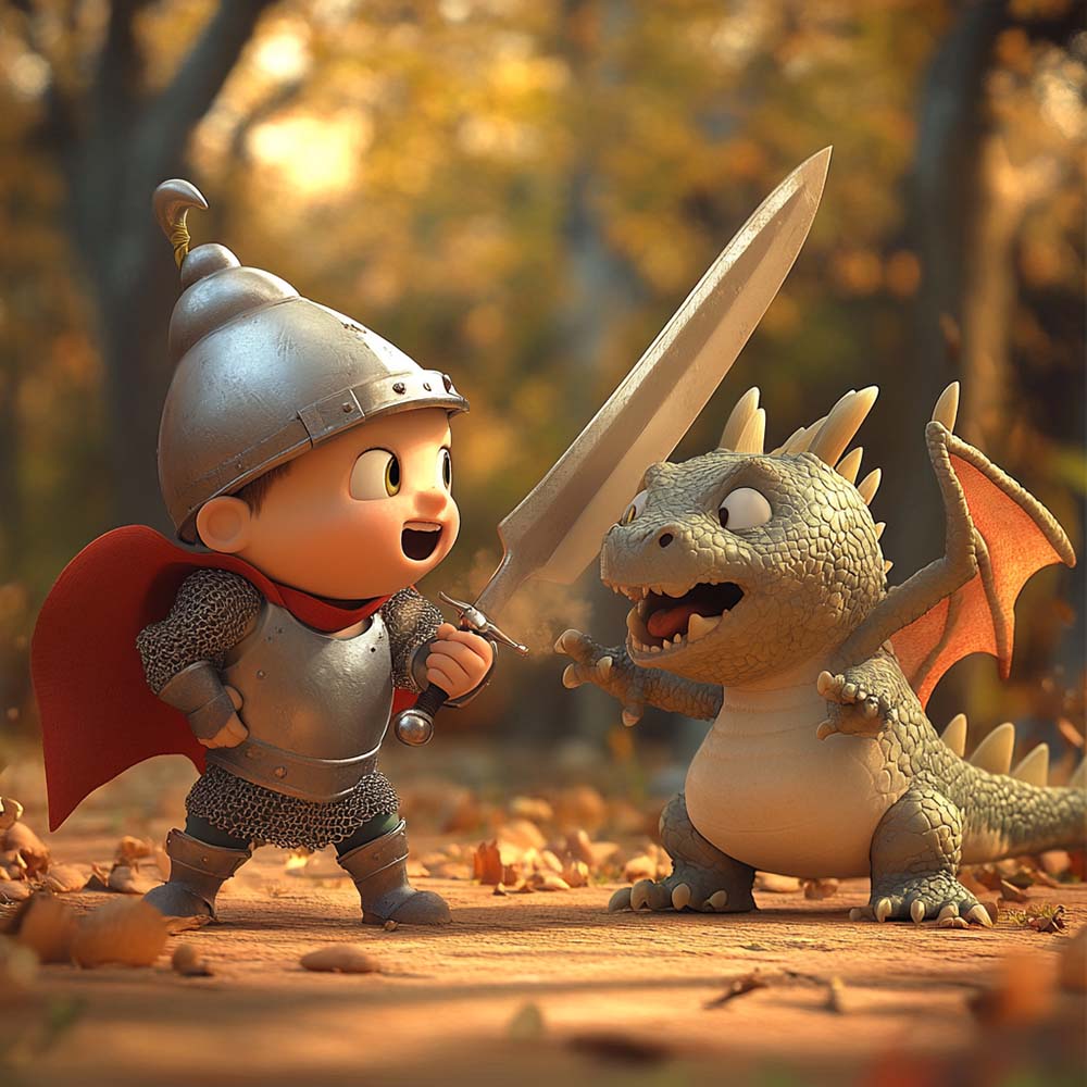 A cute baby knight fighting a cute baby dragon as part of the RPG storytelling