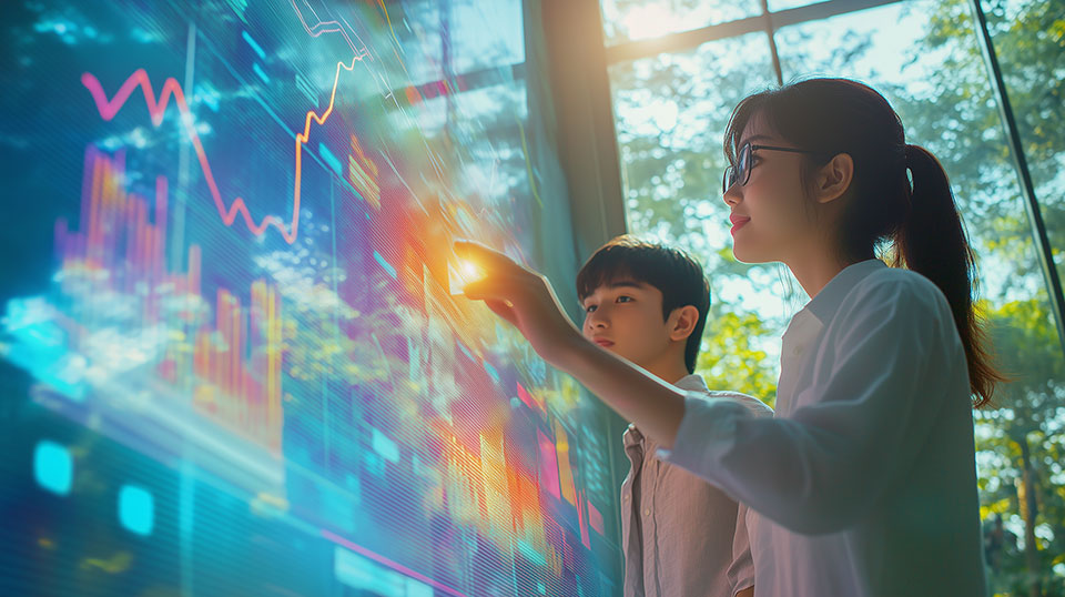 A pair of students interacting with an analytics system on a large LED screen, in a modern and well-lit classroom
