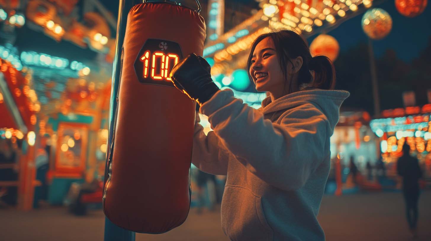 A beautiful university student dressed in hoodie punching a futuristic punching bag with an LED indicator