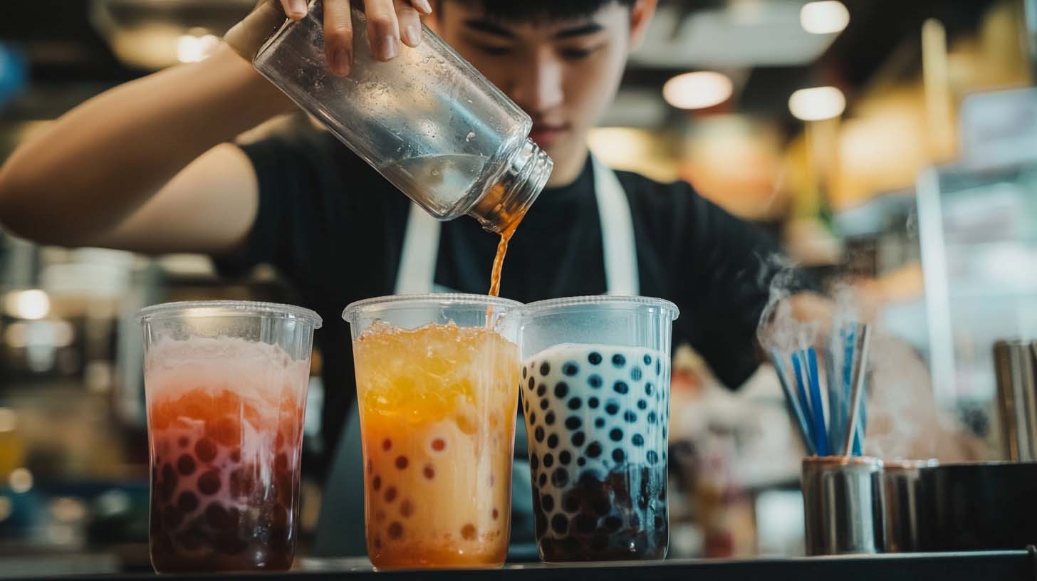 A barista preparing bubble tea in a cafe, with three cups of colourful bubble tea in the background