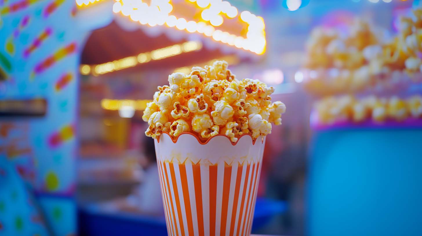 A cup of delicious citrus-flavoured popcorn at an outdoor carnival