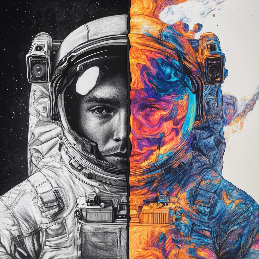 Split photo of an astronaut from pencil sketch to full colour painting