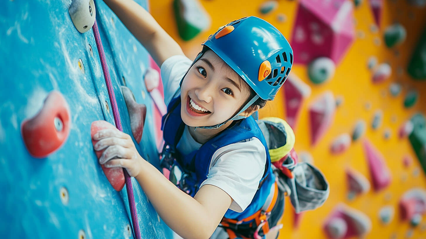 An outdoor adventure student wearing a safety harness and helmet, smiling and climbing a beautiful rock wall