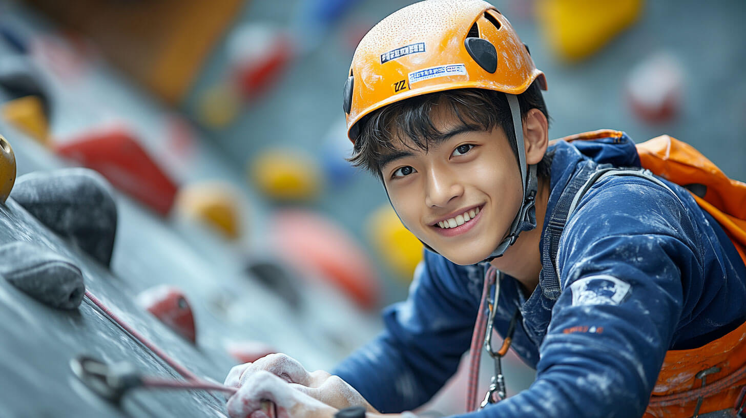 An outdoor education student wearing a safety harness and helmet climbing a rock wall. He is smiling at the camera.