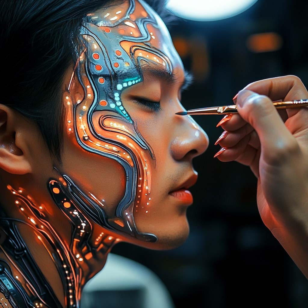 A student putting on futuristic special effects makeup on her face