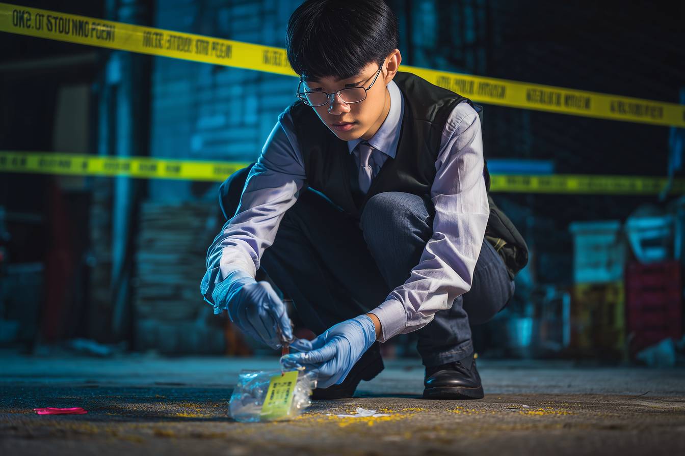 Forensic investigator collecting evidence at crime scene with police tape in the background