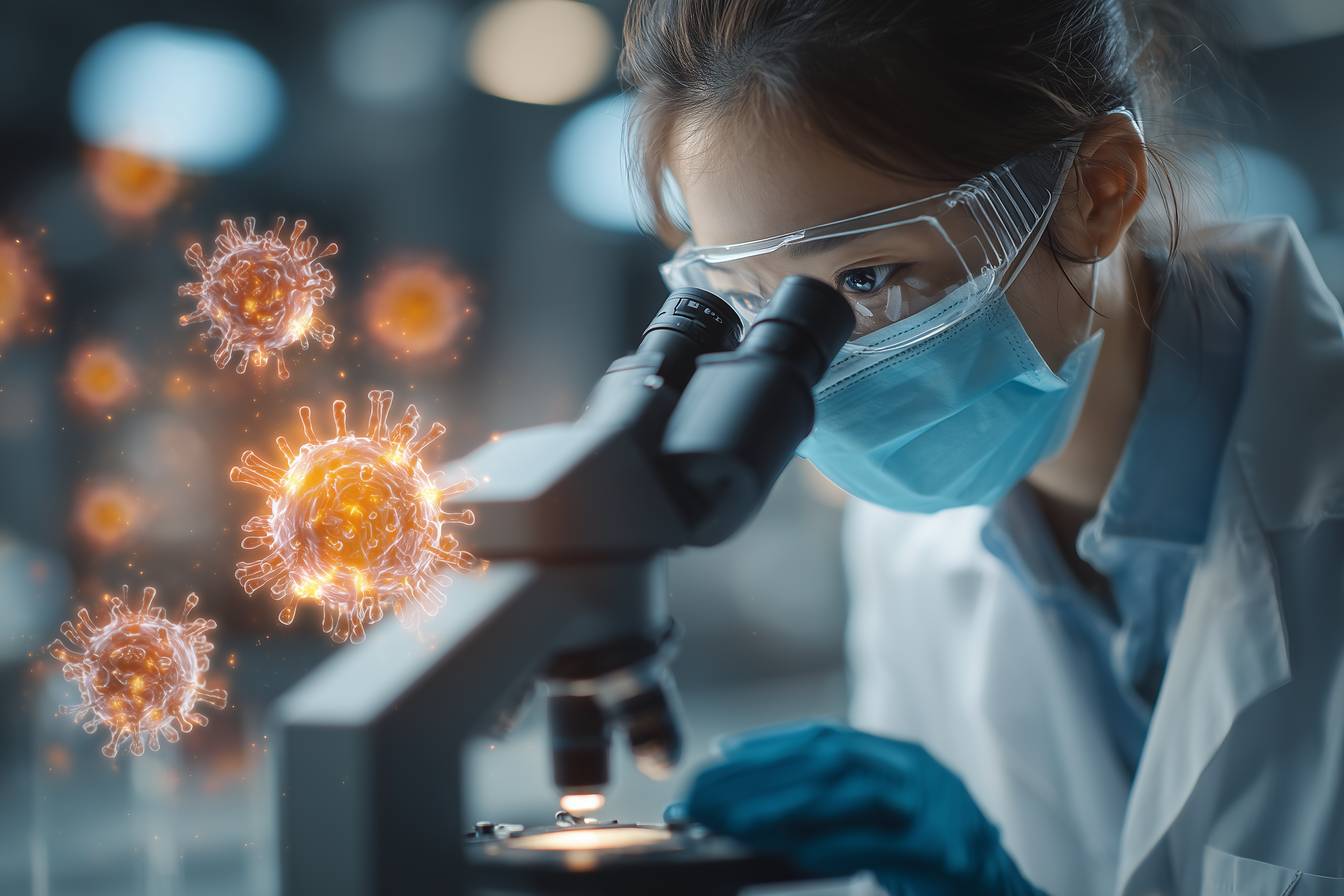 Female scientist using microscope to study virus particles in a laboratory