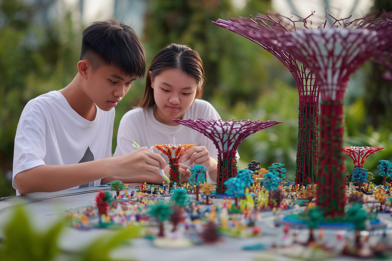 Two teenagers building LEGO model of Gardens by the Bay Supertrees outdoors