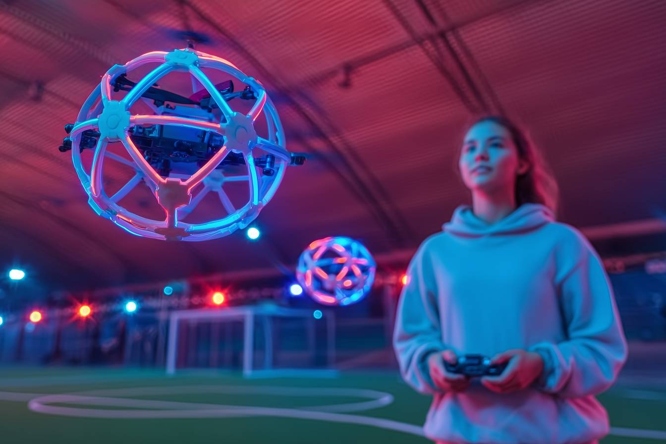 Young woman flying illuminated drone soccer ball in indoor arena with colorful lights