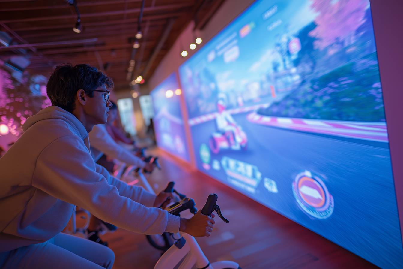 Man cycling on stationary bike in front of large interactive Mario Kart game screen