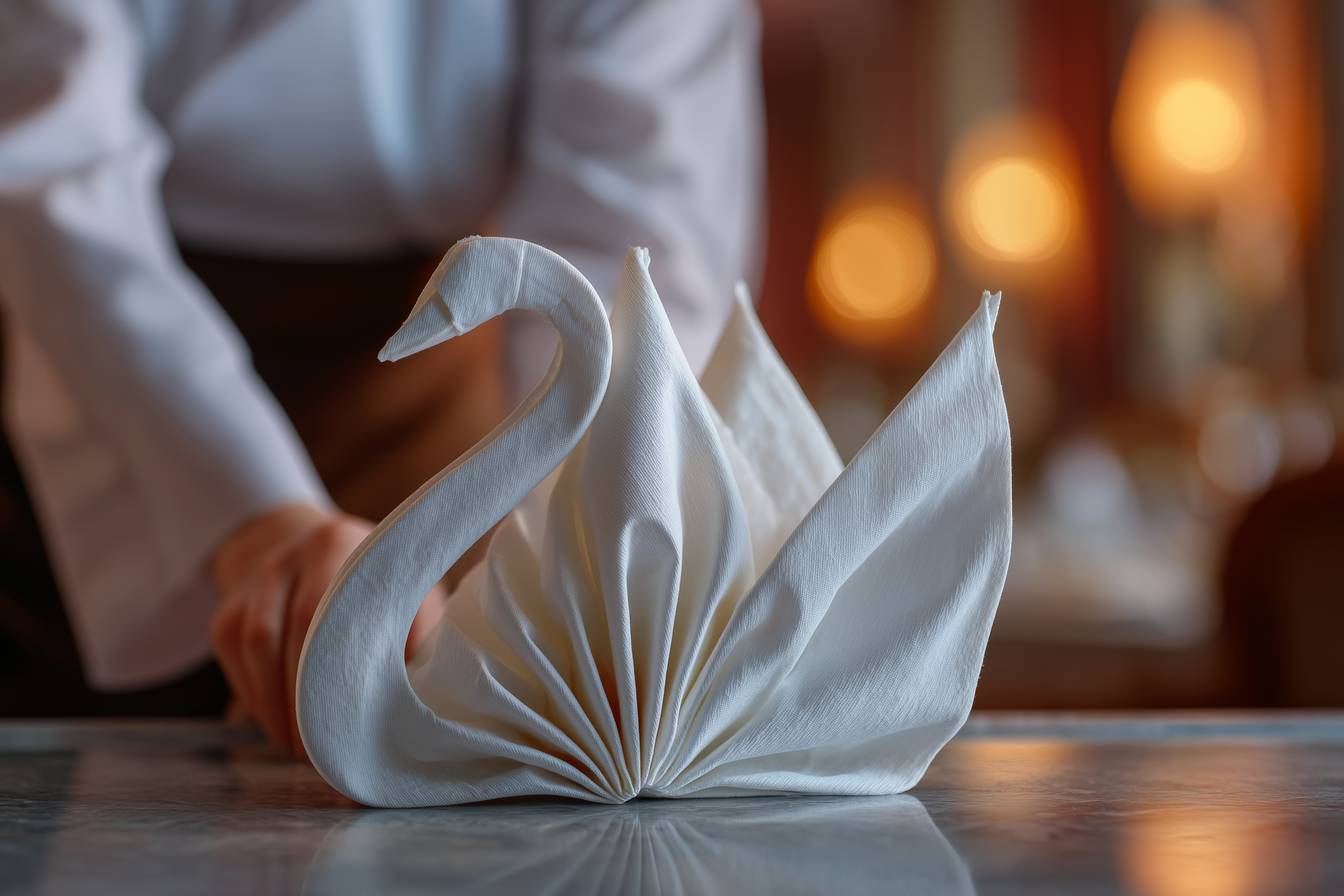 Hotel staff folding napkin into elegant swan shape on dining table