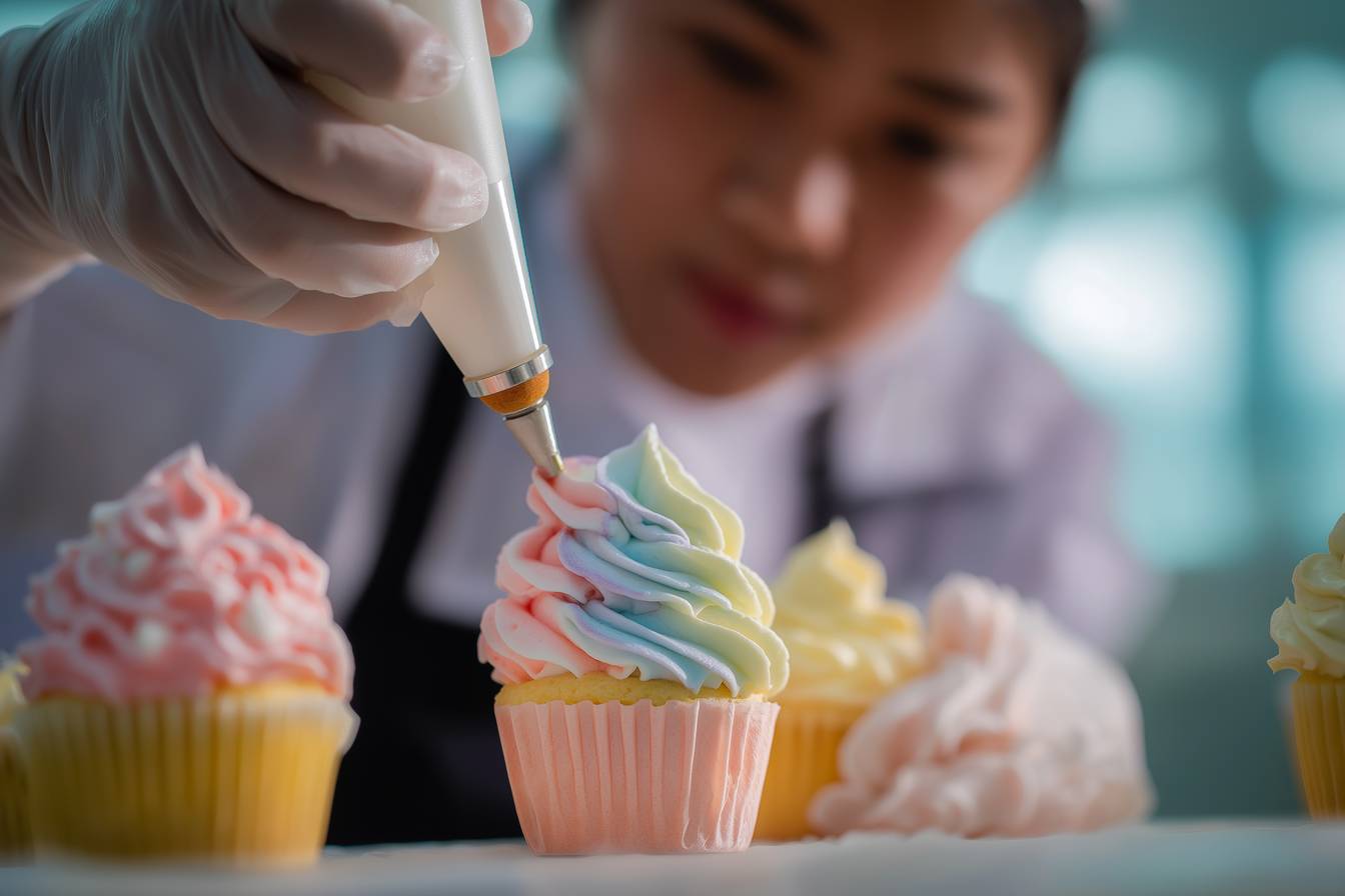 Pastry chef piping colorful frosting onto cupcakes in bakery kitchen