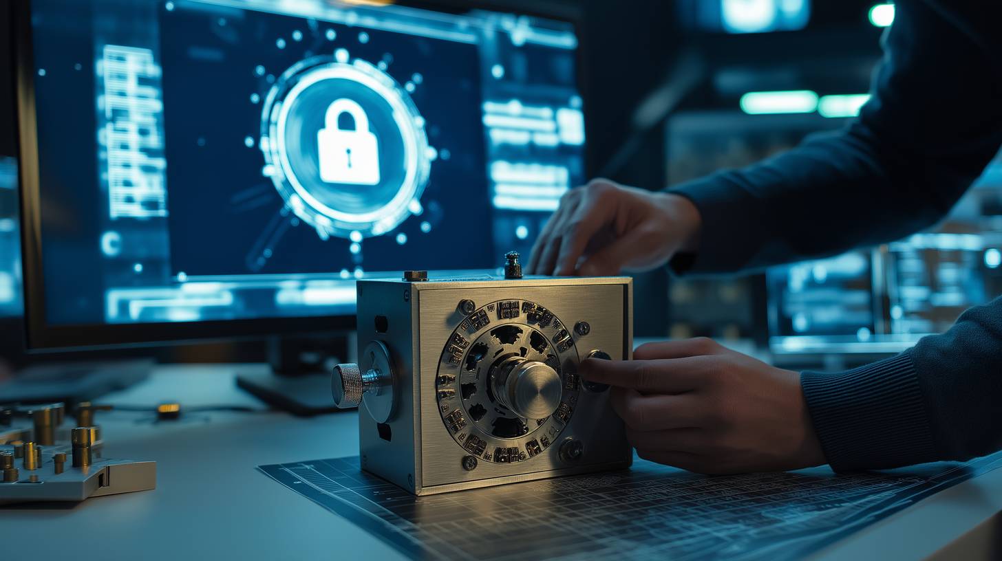 Hands unlocking mechanical puzzle box with digital security lock interface on computer screen in background