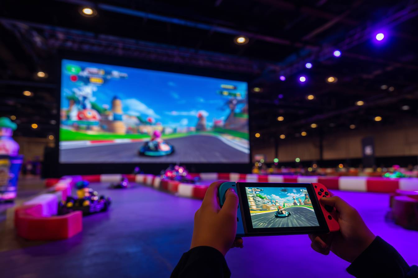 Hands holding Nintendo Switch playing Mario Kart on giant screen in go-kart arena