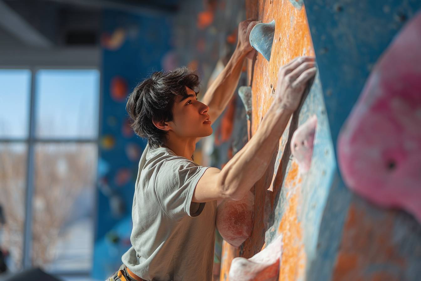 Male climber scaling indoor bouldering wall with focus and determination