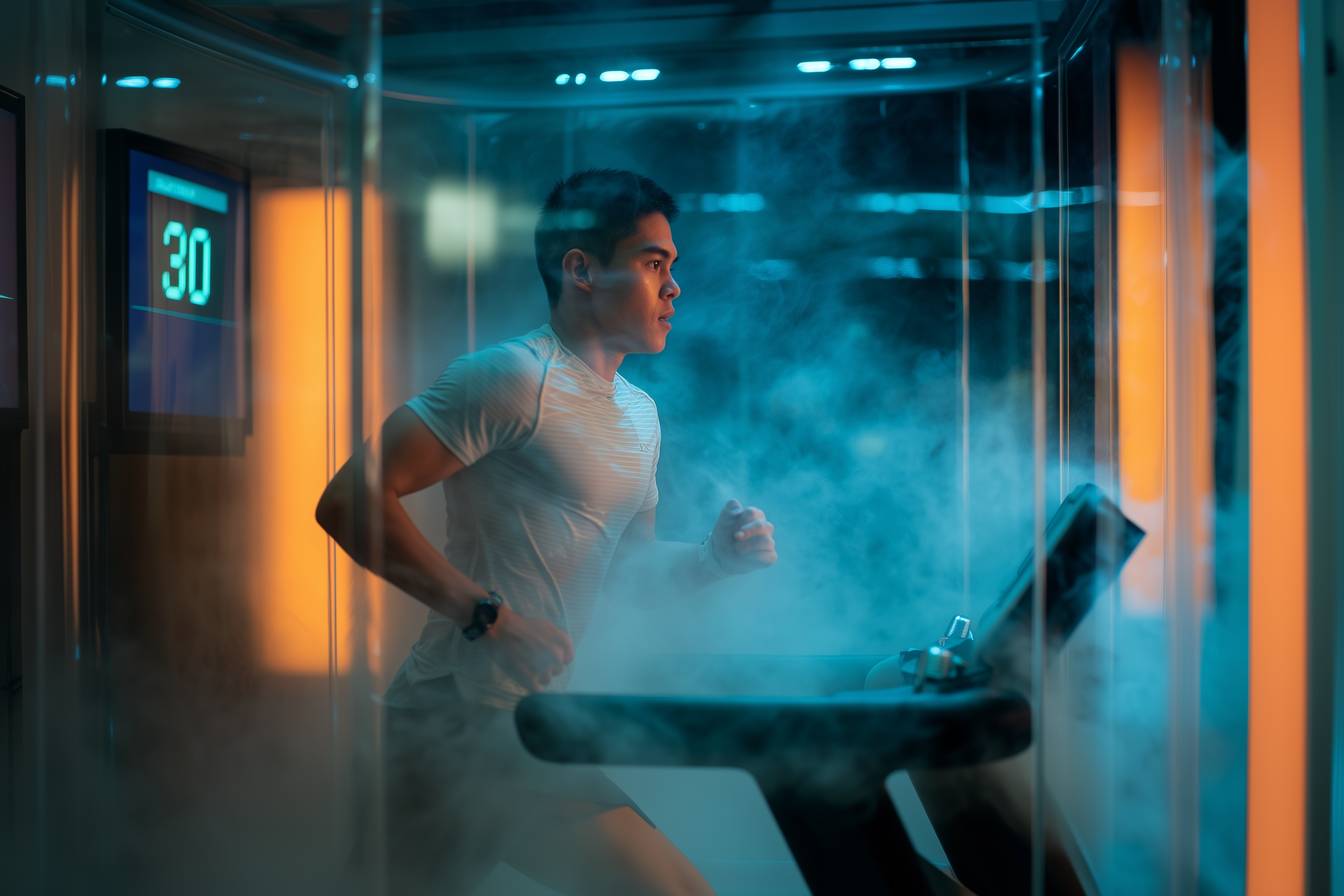 Runner training on treadmill inside environmental chamber with simulated heat and humidity