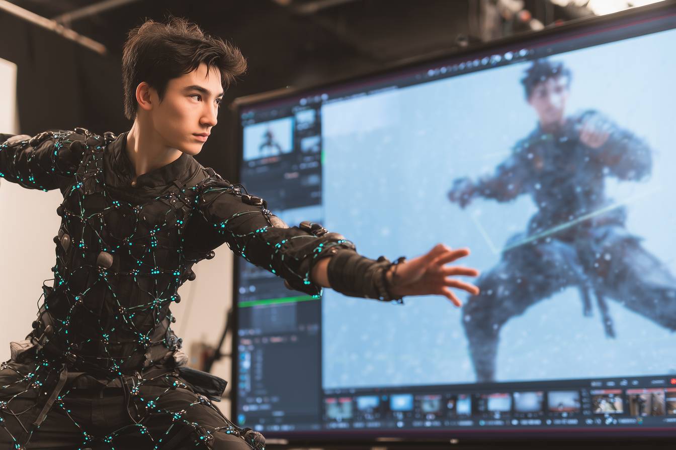 Male actor wearing motion capture suit performing action pose in front of screen displaying digital character animation