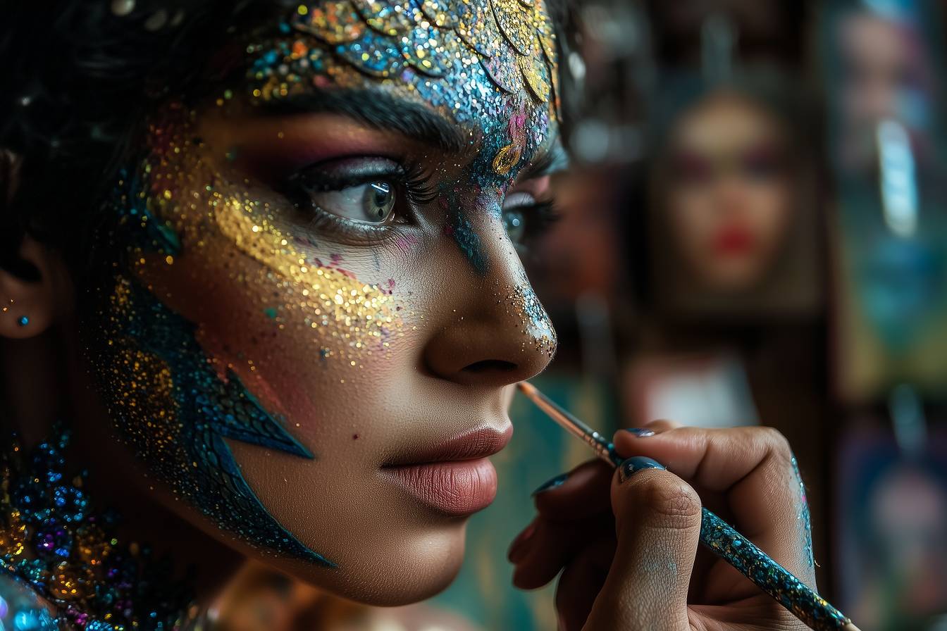 Close-up of woman with intricate special effects makeup featuring colorful glitter and scales being painted by artist