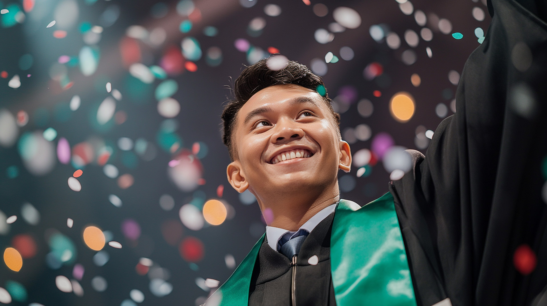 A proud and victorious RP graduate on stage waving to his friends and parents, confetti in the background