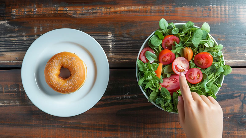 Donut and Salad on a wooden table