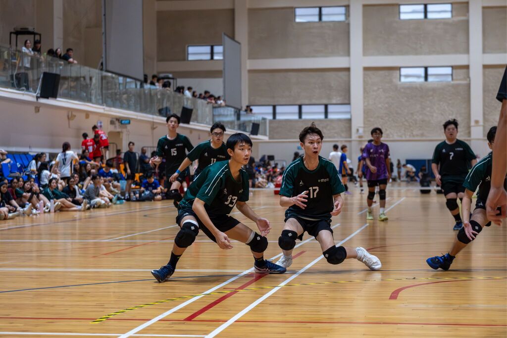 Students in green jerseys competing in a fast-paced tchoukball match inside an indoor sports hall, with spectators watching from the stands.