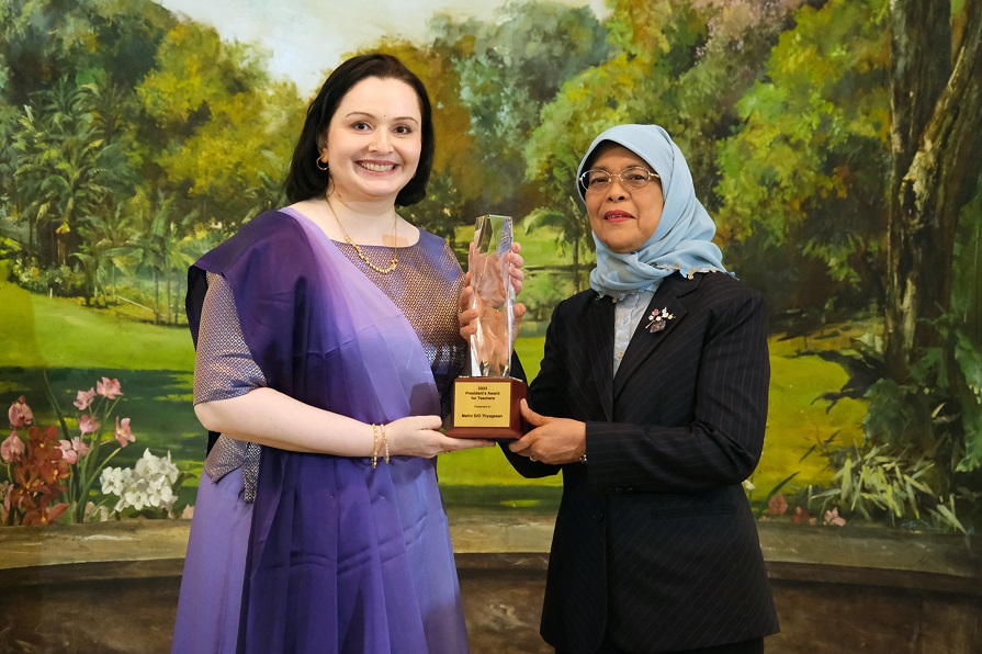 Ms Malini Thyageasan, the recipient of the President Award for Teachers with President of Singapore, Mdm Halimah Yacob