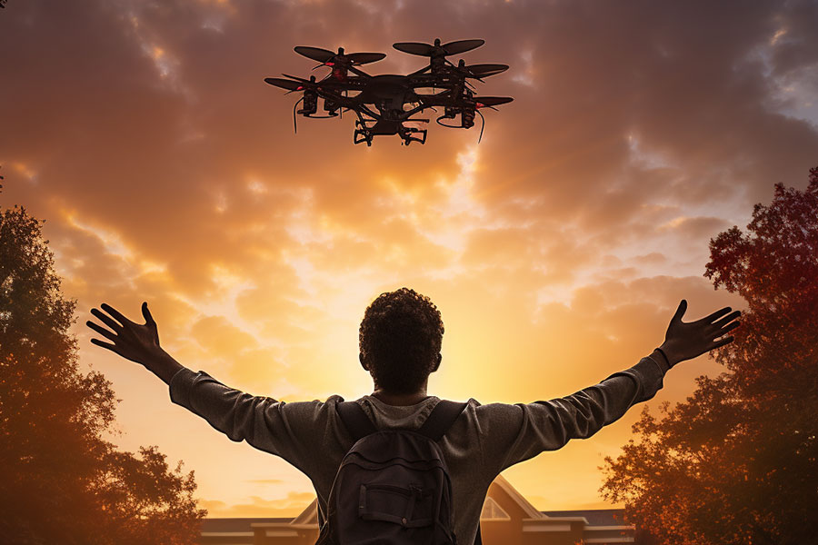 RP student looking at drone against sunset