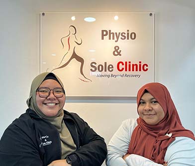 DHSM 2020 Alumni, Azleen (left) and Insyirah employed at Physio & Sole Clinic