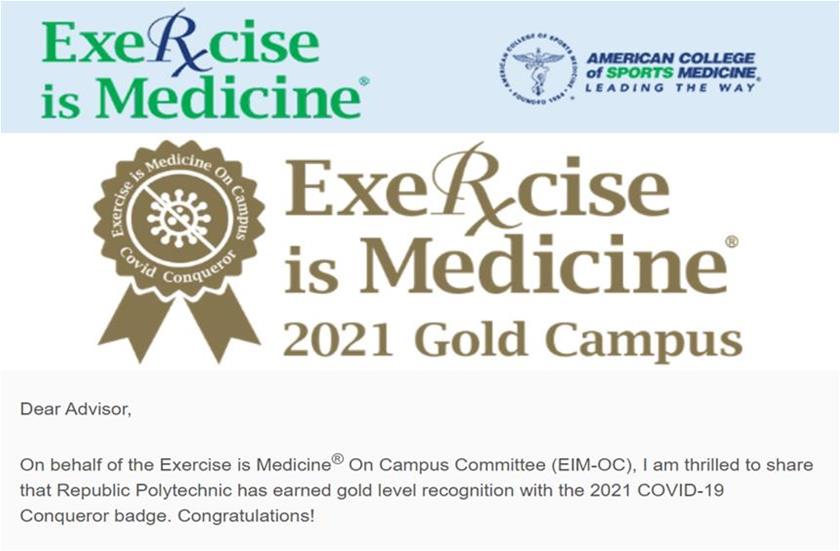 RP received the Exercise Is Medicine On Campus (EIM-OC) Gold Level Recognition