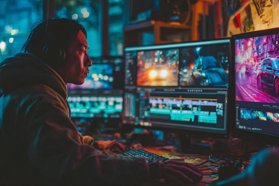 Focused Asian filmmaker editing short film with car chase footage on large monitor, neon purple and blue lights in home studio at night