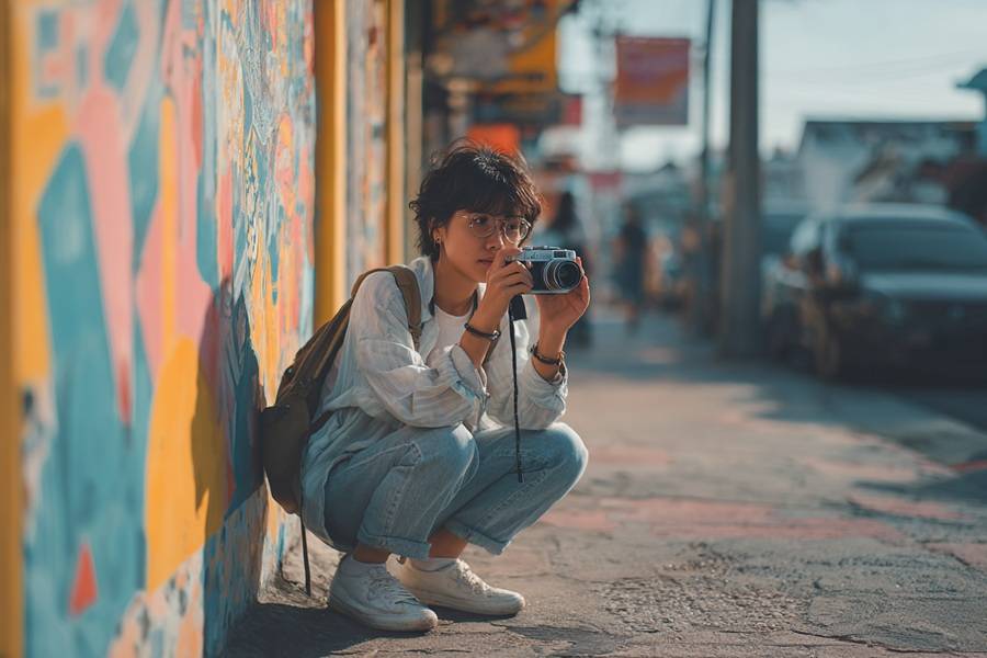 Young Asian student in casual wear, crouched on city sidewalk filming with compact camera, colorful street art behind, backpack on shoulder