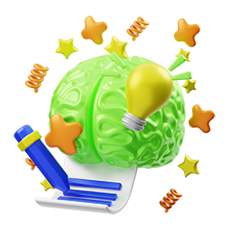 Icon of a creative brain writing down his ideas on paper, with light bulb and ideas all around