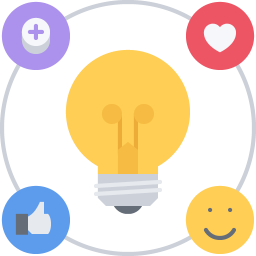 Icon of a lightbulb surrounded by a circular loop of ideas, emojis