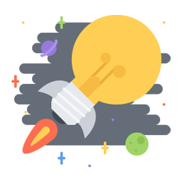Icon of a lightbulb taking flight into outerspace